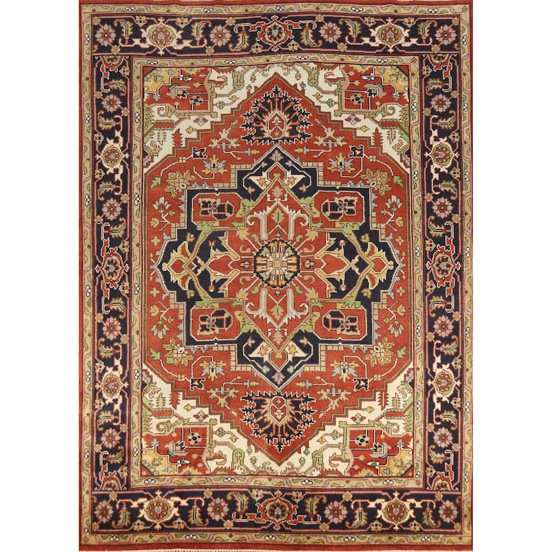 Orange Medallion Heriz Serapi Indian Area Rug Handmade Wool Carpet - 8'10" x 11'9"