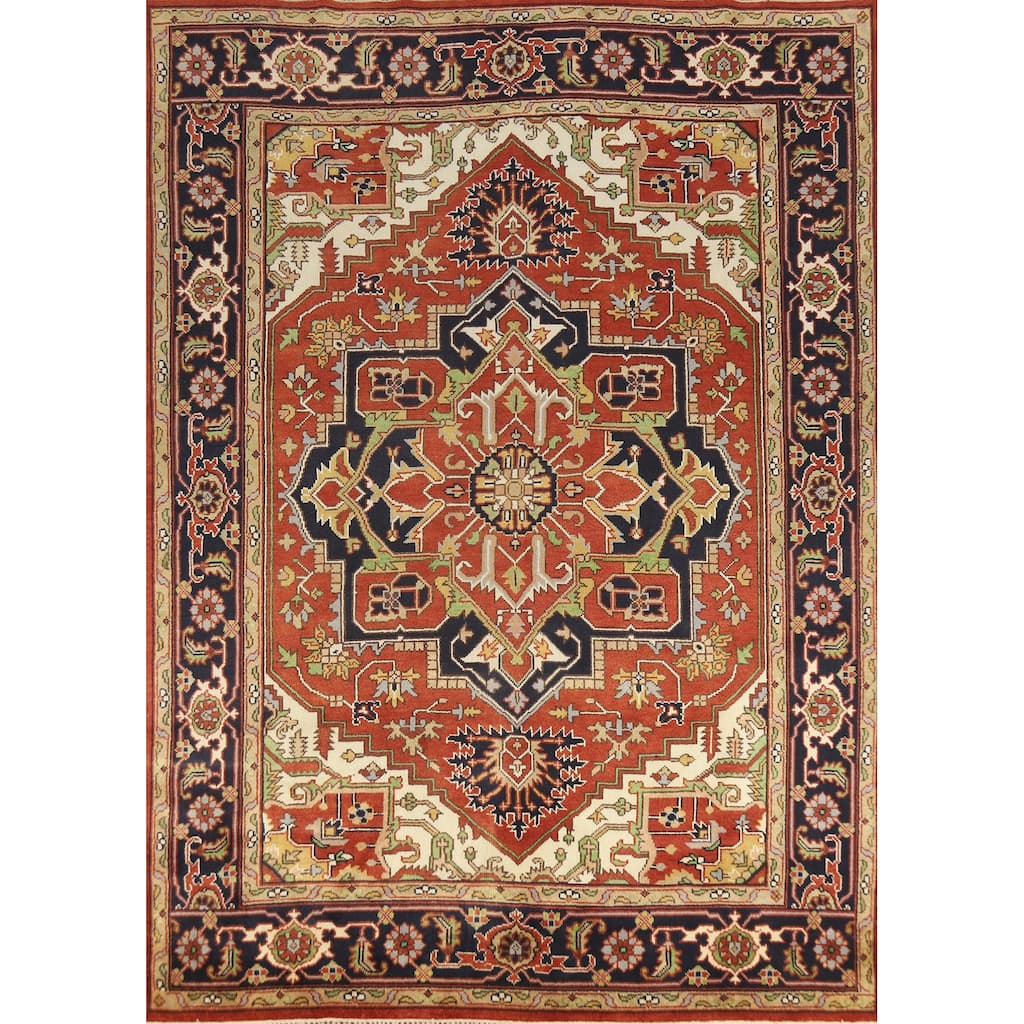 Orange Medallion Heriz Serapi Indian Area Rug Handmade Wool Carpet - 8'10" x 11'9"