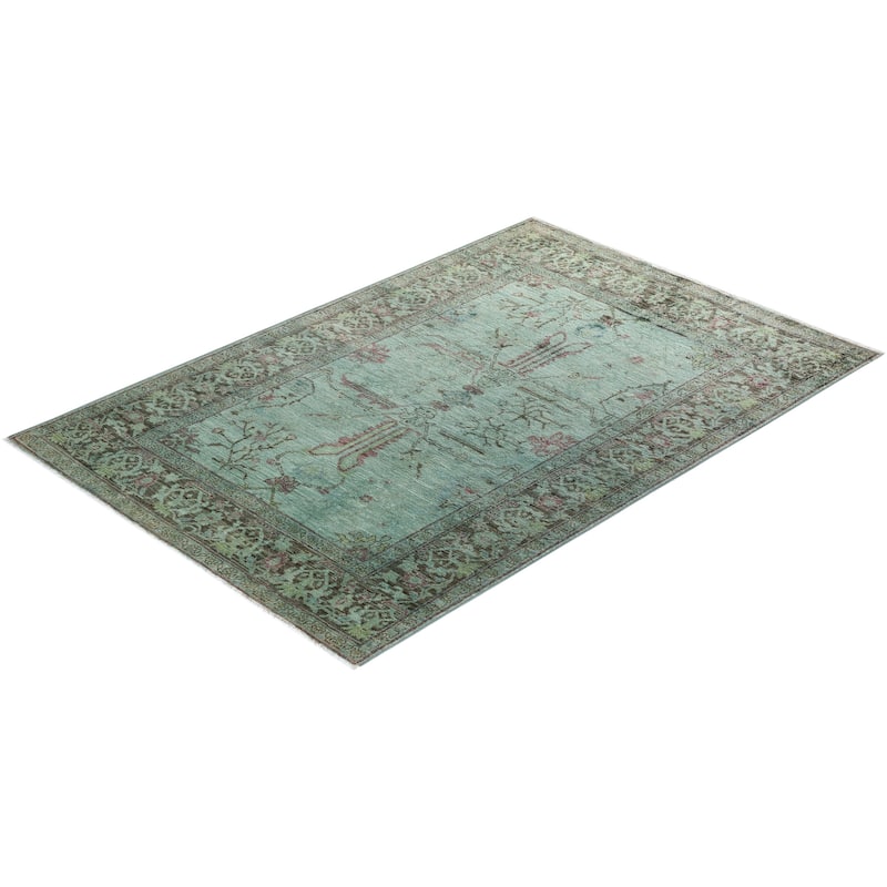 Overton Hand Knotted Wool Vintage Inspired Modern Contemporary Overdyed Blue Area Rug - 4' 3" x 6' 4"