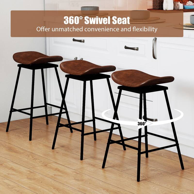 Backless Swivel Bar Stools with Saddle Faux Leather Seat 28 Inch Metal Frame Counter Height Chairs - 17" x 18" x 28" (L x W x H)