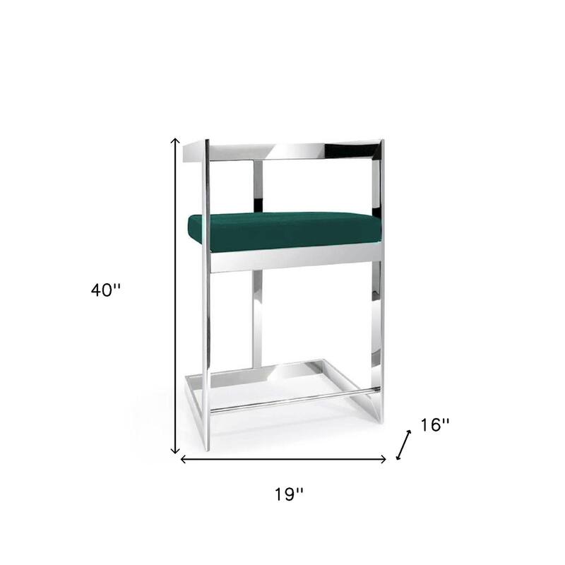 HomeRoots 30" Green and Silver Metal and Velvet Low Back Bar Height Bar Chair