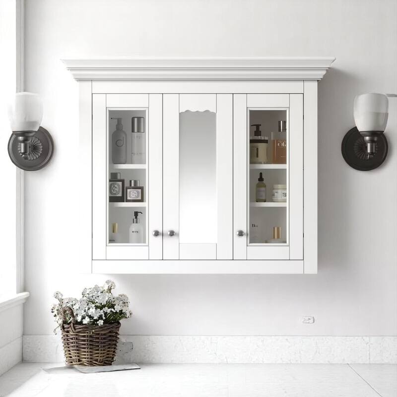 Wall Mounted 35" Bathroom Storage Cabinet with Mirror, 3 Doors, 5 Adjustable Shelves for Bathroom Essentials - White