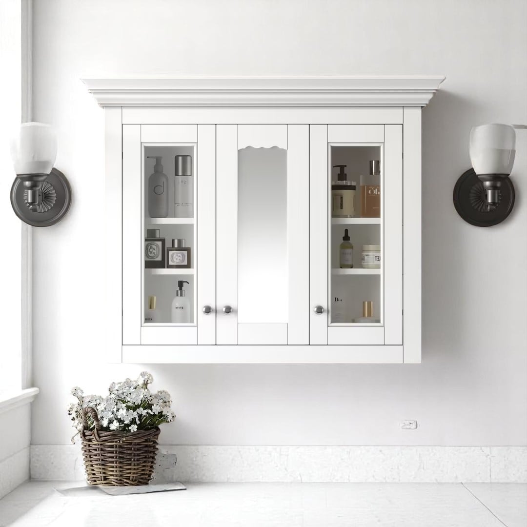 Wall Mounted 35" Bathroom Storage Cabinet with Mirror, 3 Doors, 5 Adjustable Shelves for Bathroom Essentials