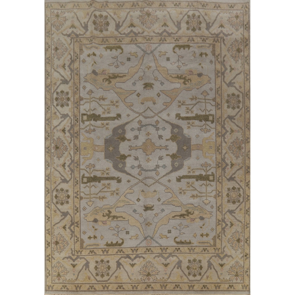 Silver Gray Oushak Indian Area Rug Hand-Knotted Wool Carpet - 8'0" x 9'10"