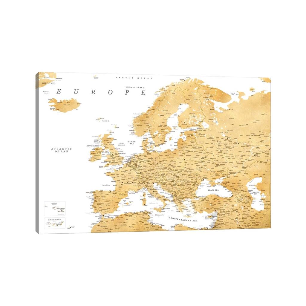 iCanvas "Detailed Map Of Europe In Gold Ochre" by blursbyai Canvas Print