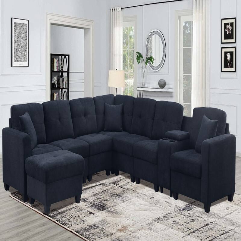 Dark Blue Sectional Sofa, Solid Wood Frame, Microfiber, Cup Holders - Dark Blue