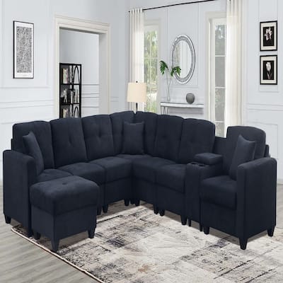 Dark Blue Sectional Sofa, Solid Wood Frame, Microfiber, Cup Holders