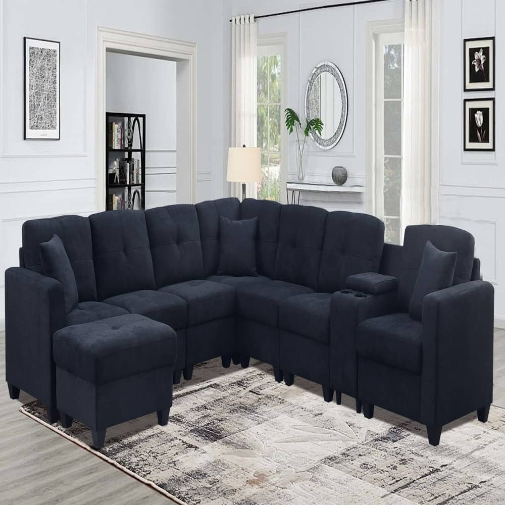 Dark Blue Sectional Sofa, Solid Wood Frame, Microfiber, Cup Holders