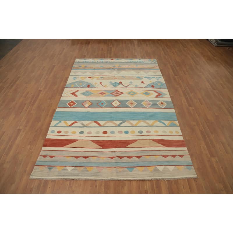 Hand Woven Oriental 100% Wool Carpet Southwestern Tribal Beige & Ivories Kilim Area Rug - 9' 11'' X 6' 7''