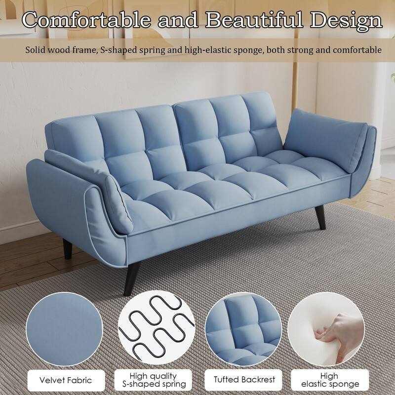 74" Velvet Upholstered Double Sofa Bed, Beige