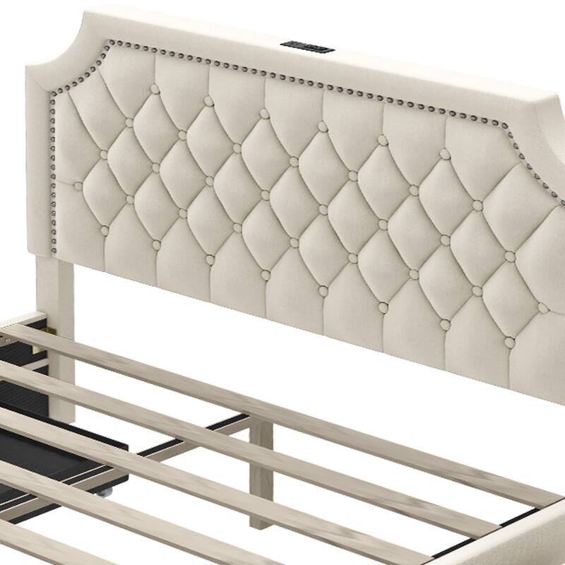 Moasis Velvet/Linen Upholstered Bedframe with Adjustable Headboard and 4 Storage Drawers