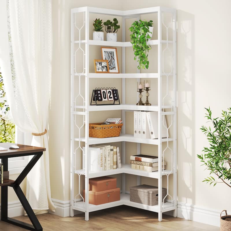 7-Tier Corner Bookshelf, White Corner Shelf Modern Etagere Bookcase
