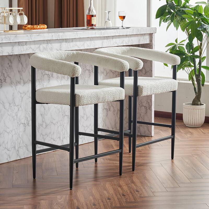 Modern Upholstered Bar Stools Set of 2, Fabric Counter Height Chairs with Metal Frame & Armrests, Kitchen Island Bar Chairs