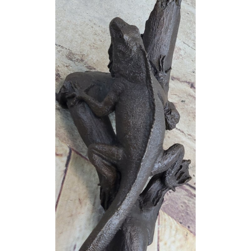 Bronze Iguana On Tree Branch Sculpture Hand Made Clic Reptile Artwork Statue