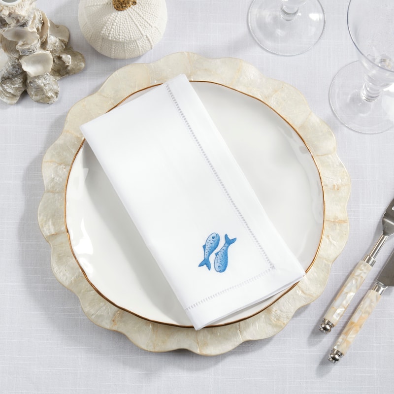 Embroidered Double Fish Cotton Napkins (Set of 6) - Hemstitch Border with Coastal-Inspired Motif, 20"x20"