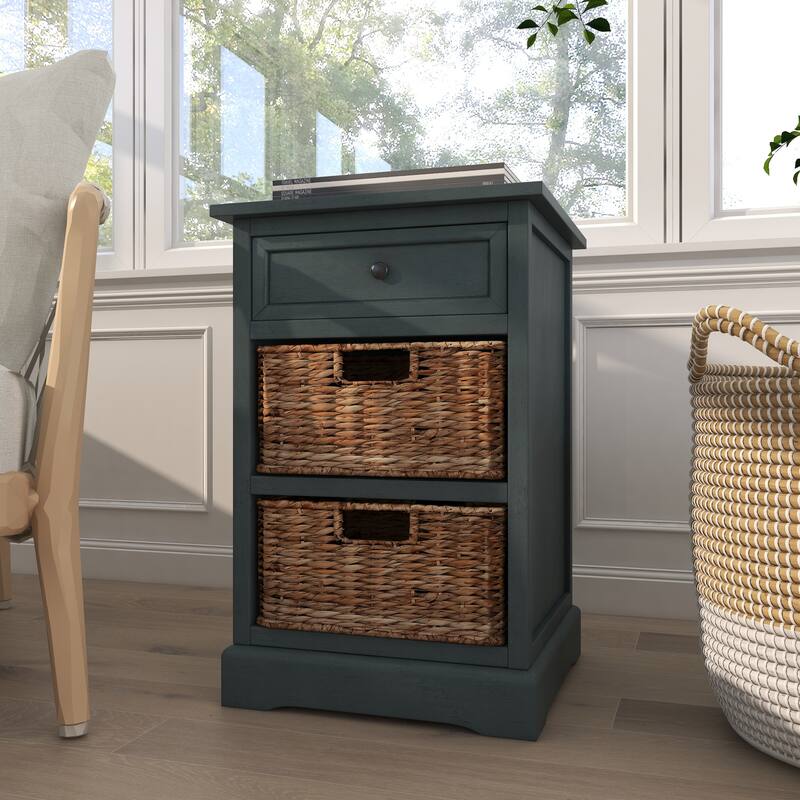 Cream, Teal, White or Brown Wood 2 Baskets and 1 Drawer Storage Unit - 16 x 13 x 28