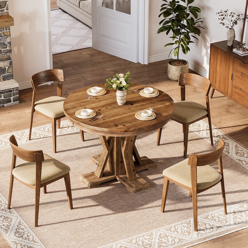 Round Pedestal Dining Table, 39.4-Inch Farmhouse Solid Wood Dinner Table