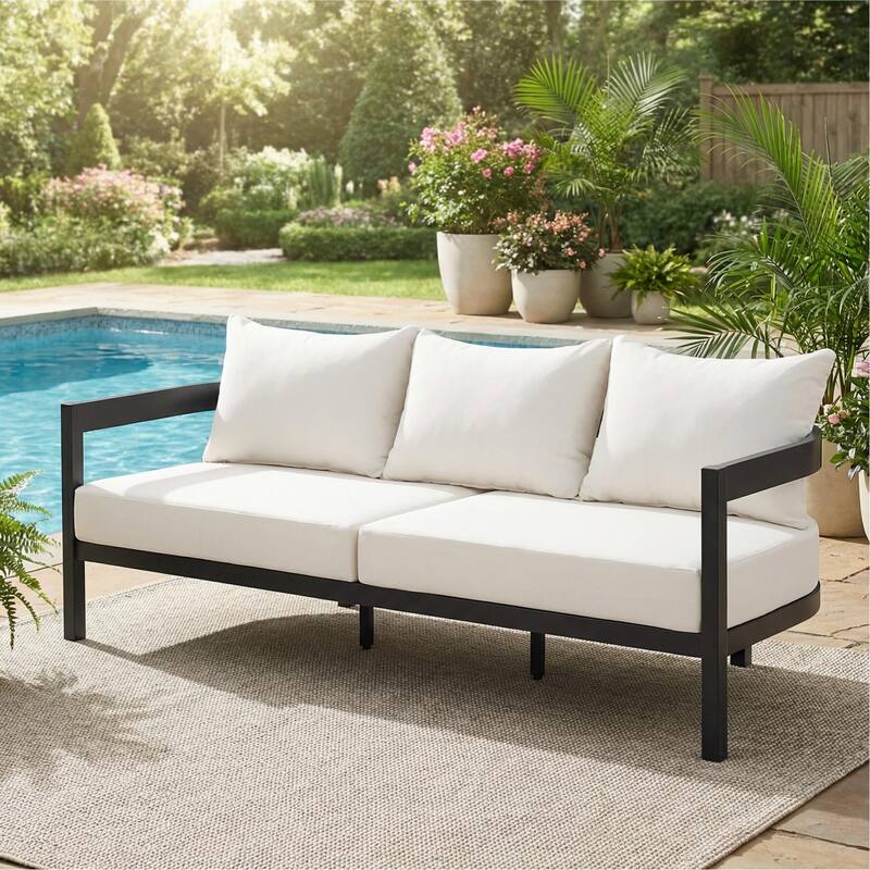 Christopher Knight Home - Modern 75.8" Outdoor Curved Patio 3-Seater Sofa with Aluminum Frame & Water-Resistant Cushions