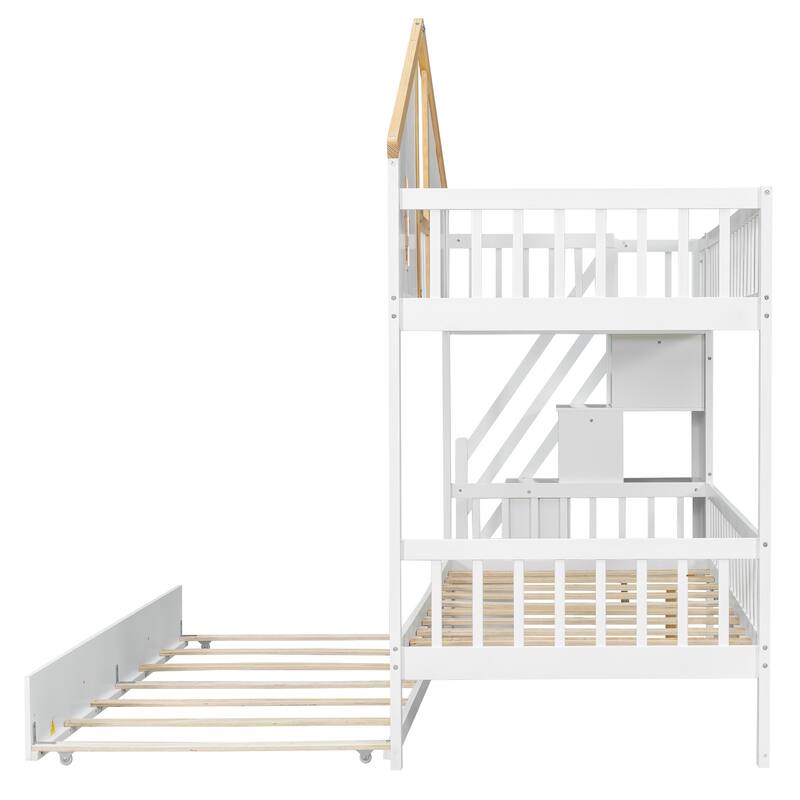 Fairytale Bunk Bed with Window Door House-shaped Roof Frame and Storage Staircase, Optional with Storage Drawers or Trundle Bed