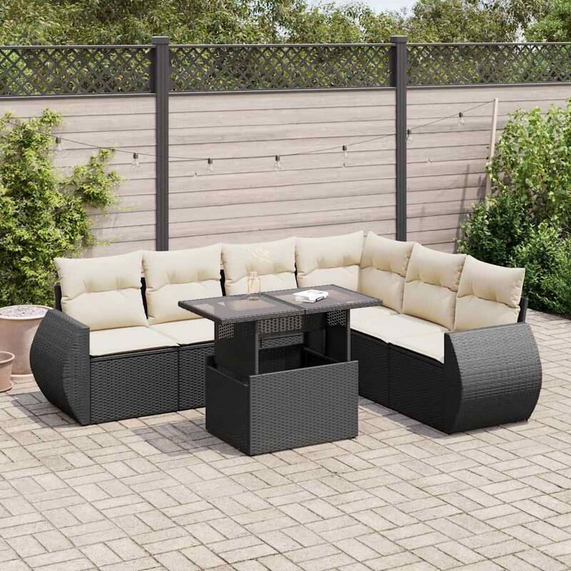 vidaXL Patio Sofa Set with Cushions Outdoor Furniture 7 Piece Poly Rattan - 21.7 x 39.4 x 28.7 - Black and Cream-with storage
