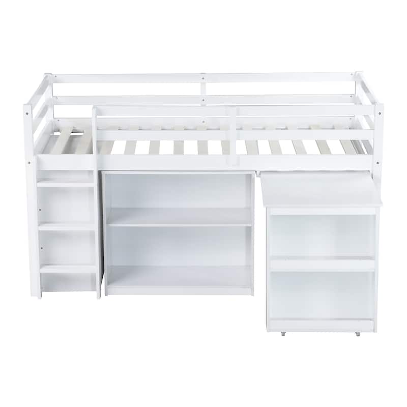 Twin Rubber Wood Loft Bed with Drawer Cabinet, Shelf,Pulling -Out Desk
