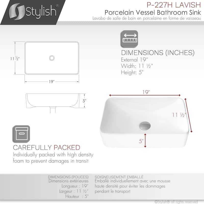 STYLISH 19"W x 11.5"D White Rectangular Vessel Sink
