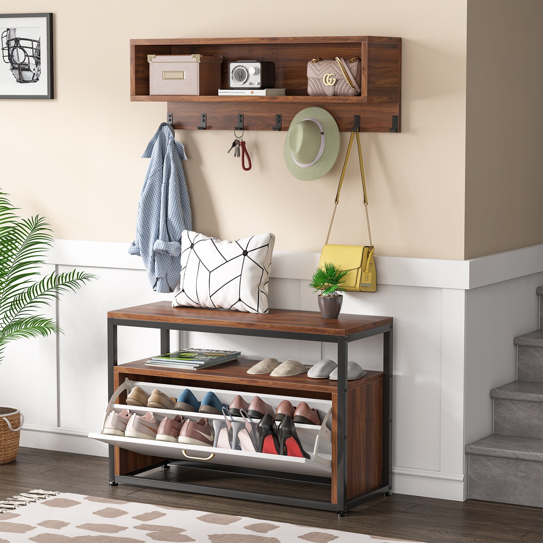 Entryway Coat Rack Shoe Bench Set Industrial Hall Tree Coat Shoe