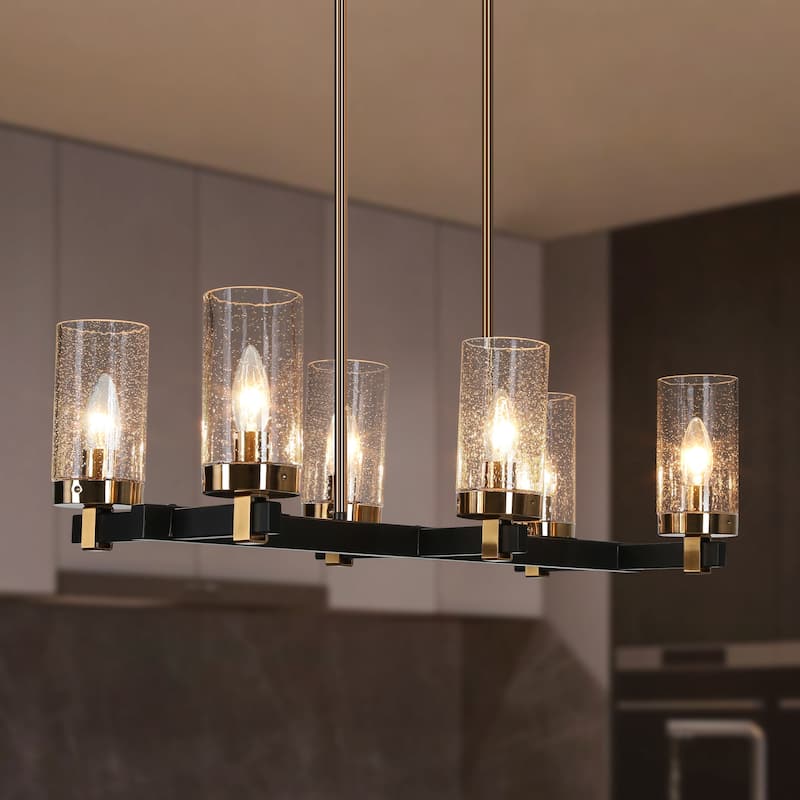 Modern Farmhouse 6-Light Black Gold Chandelier Linear Glass Island Lights for Dining Room - Seeded Glass