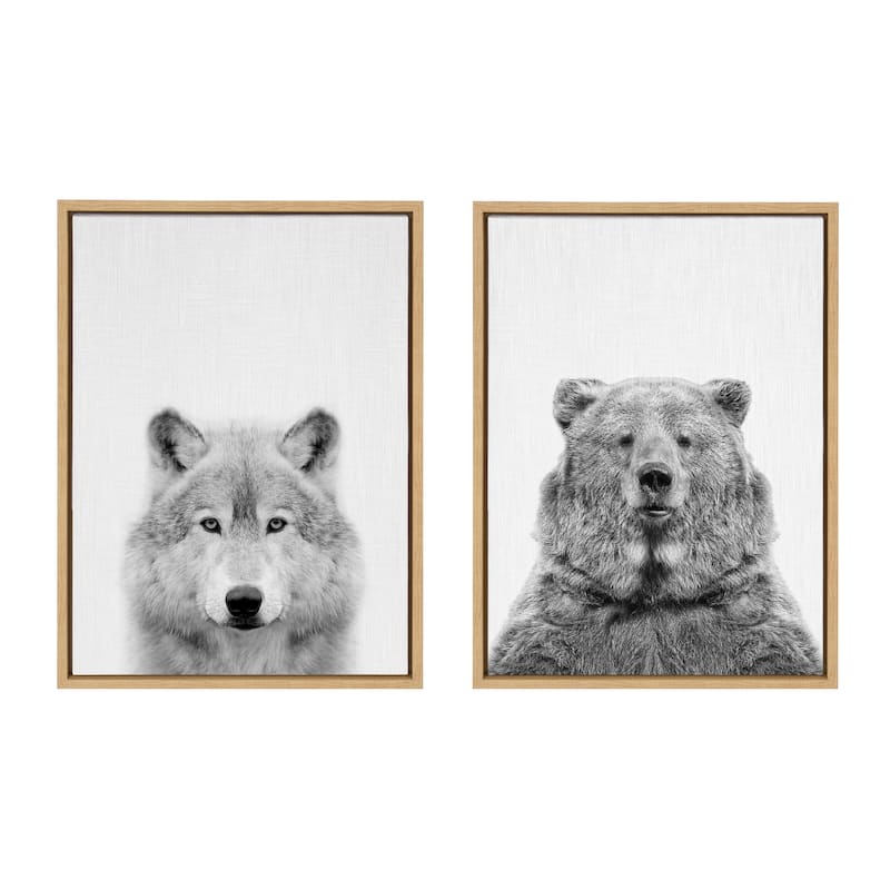 Kate and Laurel Sylvie Wolf And Bear Framed Canvas Set by Tai Prints - Gray