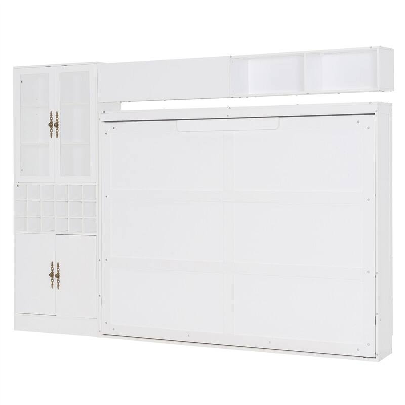 Full/Queen Size Murphy Wall Bed with Sofa, Light and USB Ports, Space Saving Foldable Murphy Cabinet Bed w/ Wine Rack & Shelves