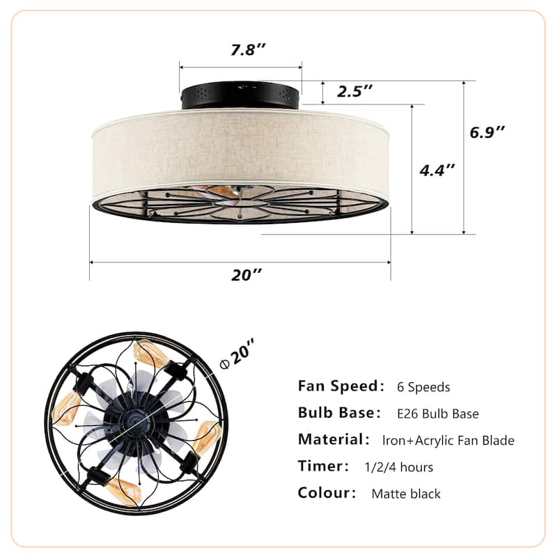 20" Lotus Design Fabric Farmhouse Bladeless Ceiling fan With Remote Control For Living room, Bedroom,Kitchen