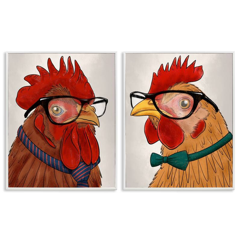 Stupell Quirky Hipster Roosters Framed Giclee Art Design By Marcus Prime (Set of 2) - 16 x 20 - White