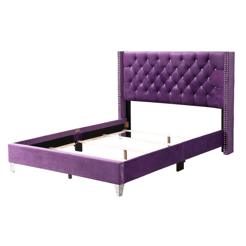 Diamond Tufted Upholstered Panel Queen Bed - 86" - Purple