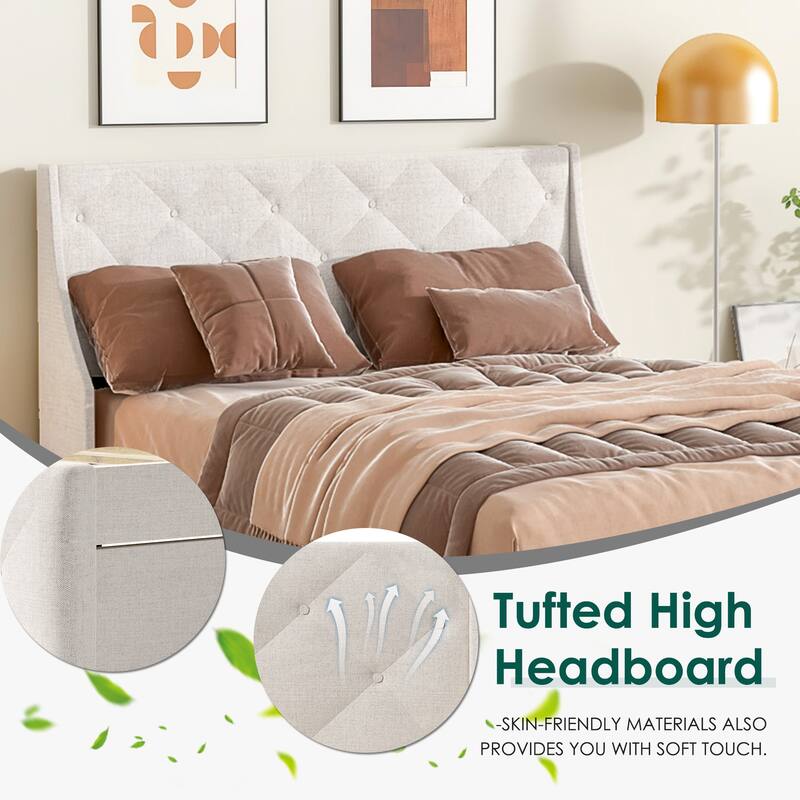 Queen Size Linen Platform Bed with Storage Headboard,No Noise
