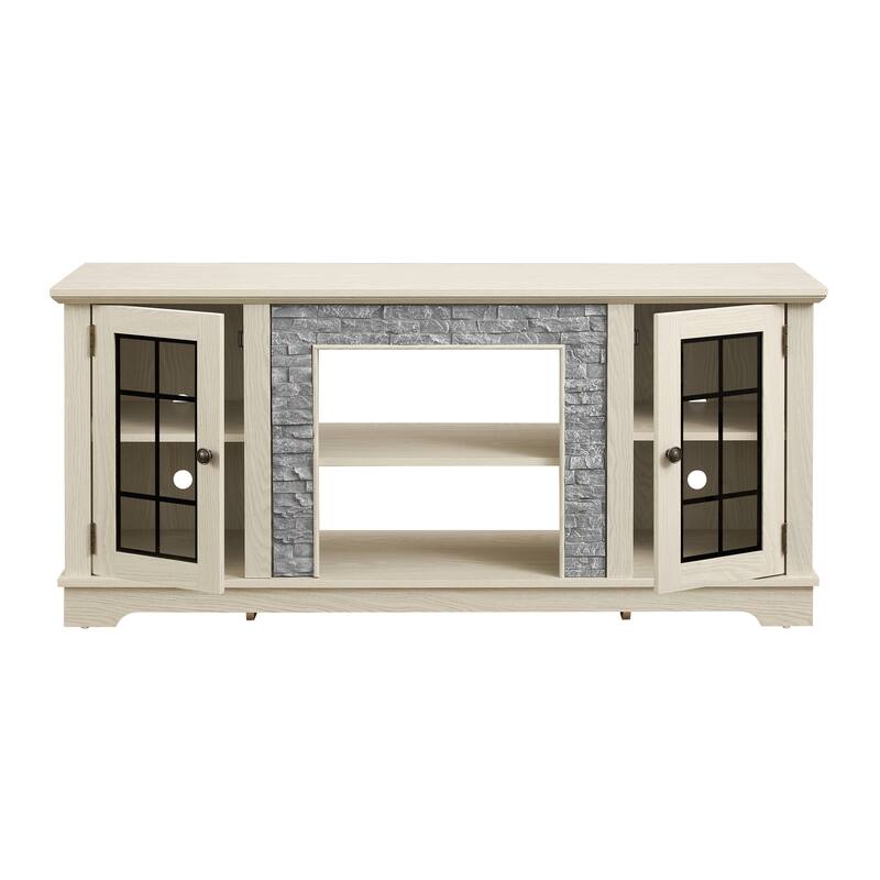 Modern TV Stand, Faux Stone Media Console Cabinet, Entertainment Center with 2-Door Storage, for Living Room, White