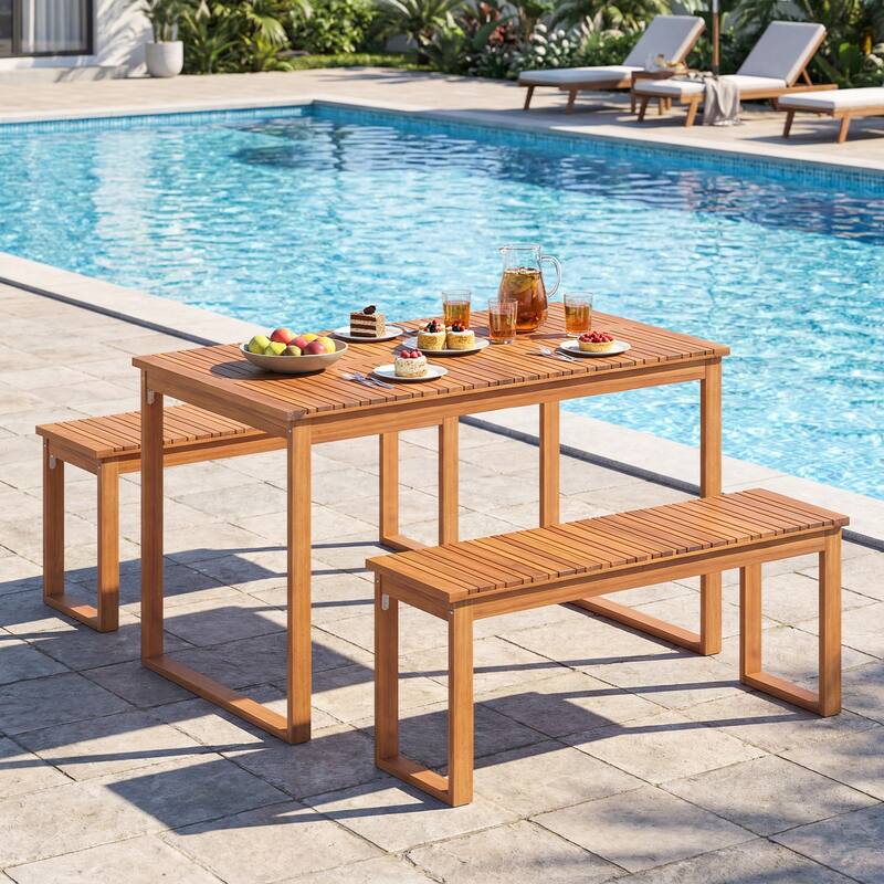 Gymax 3 PCS Acacia Wood Picnic Set 43.5'' Outdoor Dining Table w/2