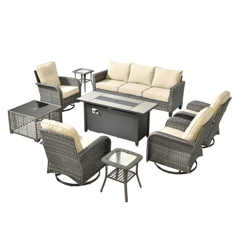 HOOOWOOO 9-piece Grey Wicker Outdoor Fire pit Set with Swivel Chairs