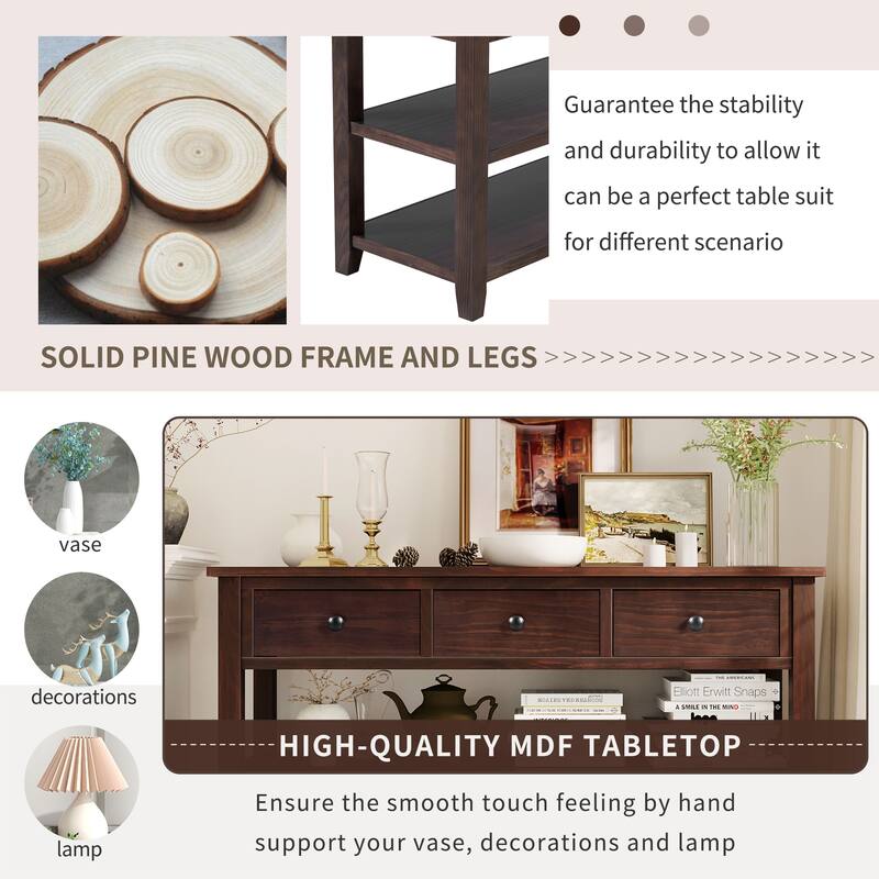 Retro Design Console Table with 2 Open Shelves and 3 Drawers