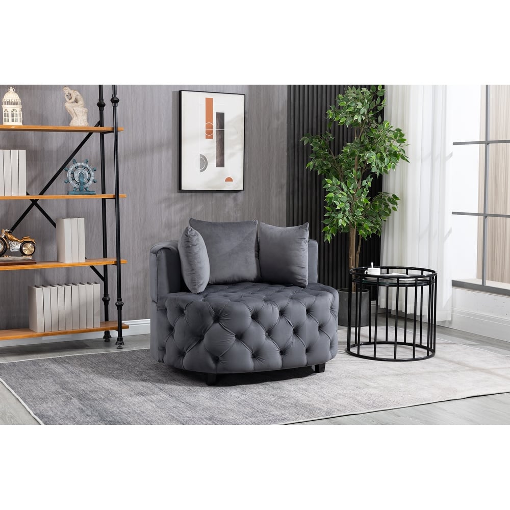 Velvet Upholstered Tufted Barrel Sofa Chair For Living Room With Toss Pillows