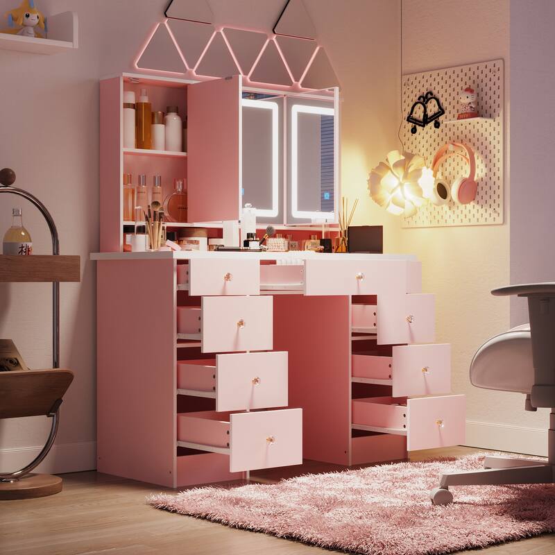 Makeup Vanity with 3-Color Lighted Mirror, Large Vanity Table Dressing