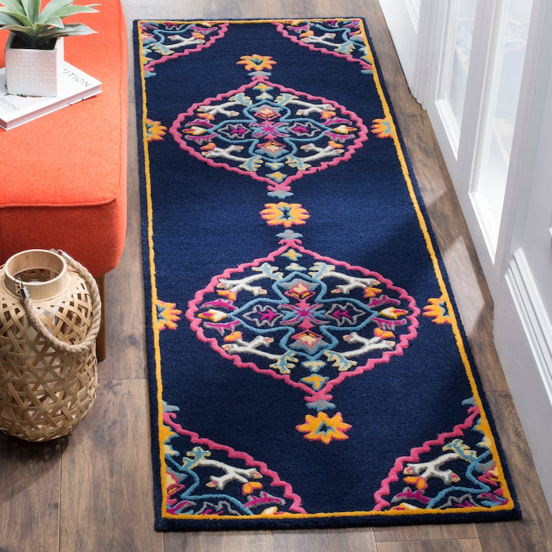 SAFAVIEH Handmade Bellagio Junie Medallion Wool Rug - 2'3" x 7' Runner - Navy Blue/Multi - Runner