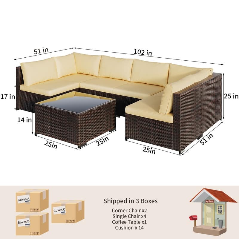 7-Pieces Outdoor PE Garden Furniture Wicker Rattan Patio Furniture Wicker Sectional Conversion Set
