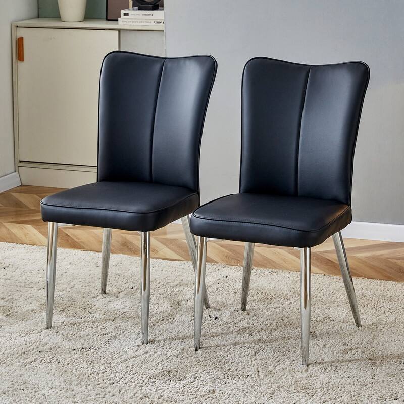 Modern/Minimalist Style PU Leather Dining Chairs Set of 2 with Sliver Metal Legs - Black