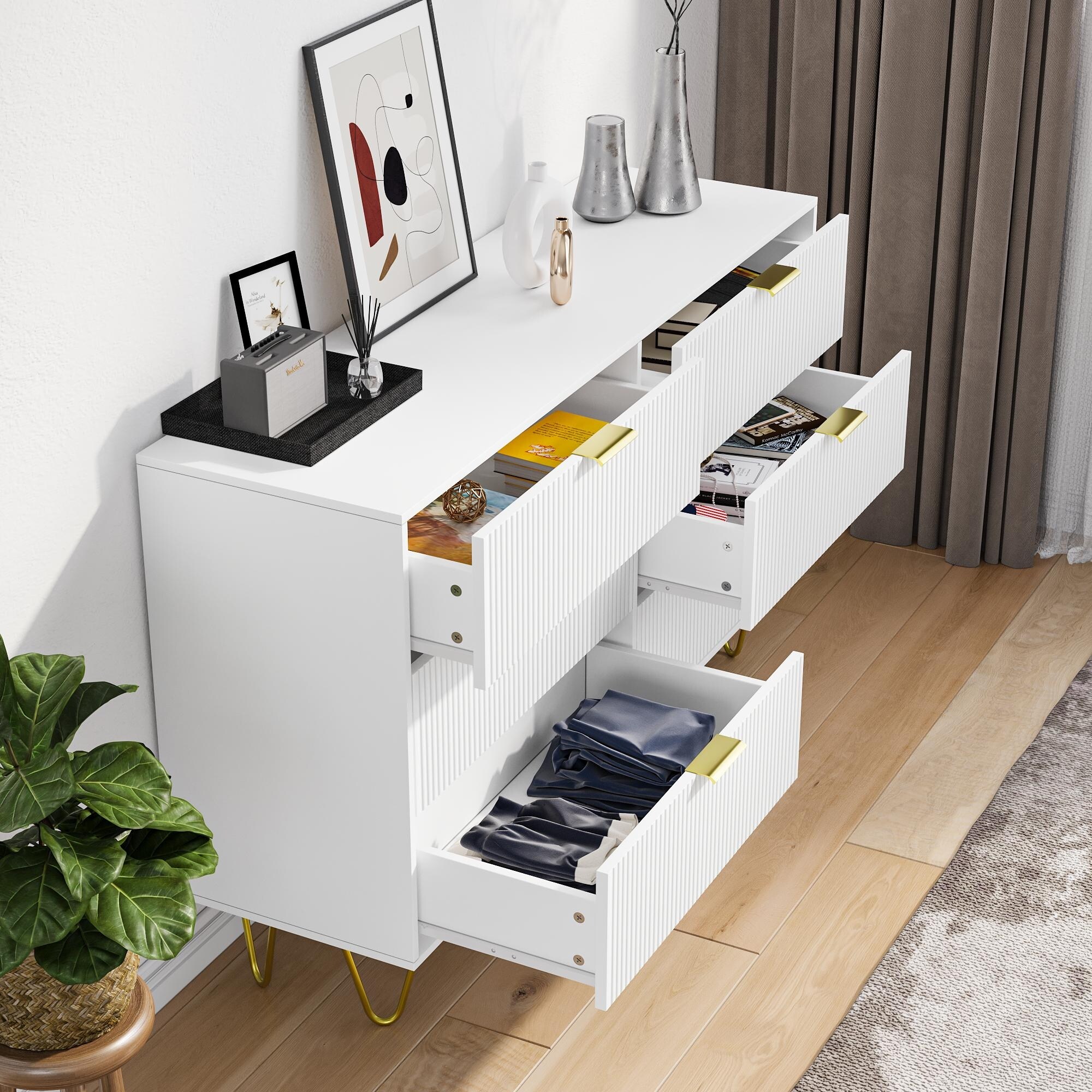 Modern Wood Dresser with 6 Drawers and Gold Handles for Bedroom - Bed Bath  & Beyond - 42294612