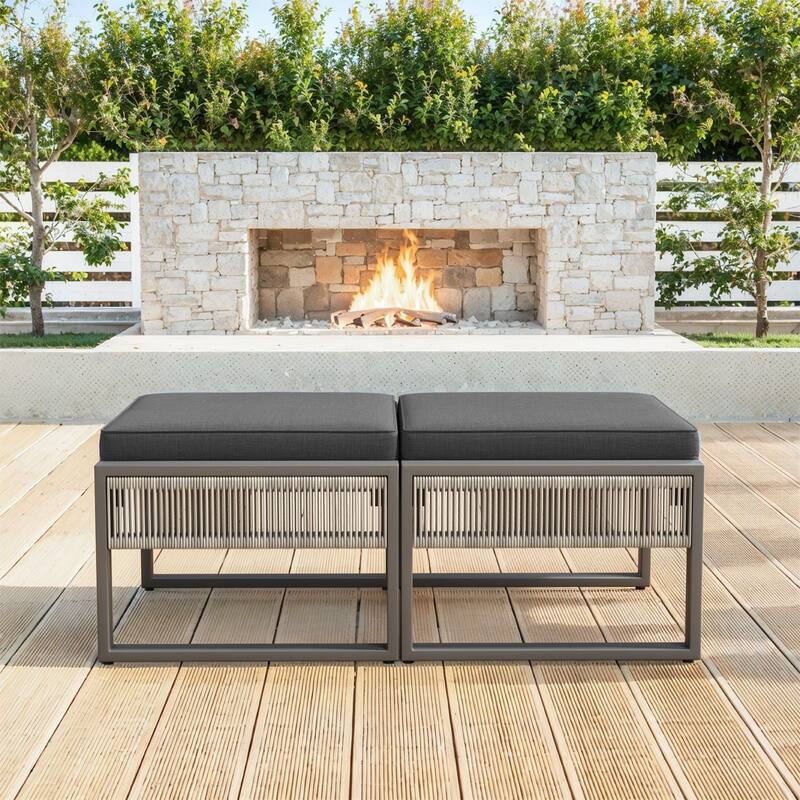2 Pieces Outdoor Patio Ottoman, All Weather Rattan - Light Beige - Dar Gray