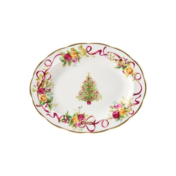 slide 2 of 3, Royal Albert Old Country Roses Christmas Tree Oval Platter 13"