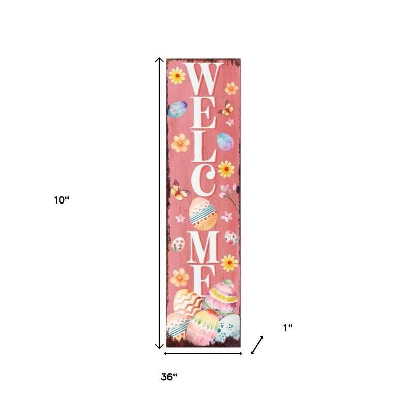 HomeRoots 36" Pink White And Yellow Solid Wood Welcome Easter Easter Egg Porch Sign