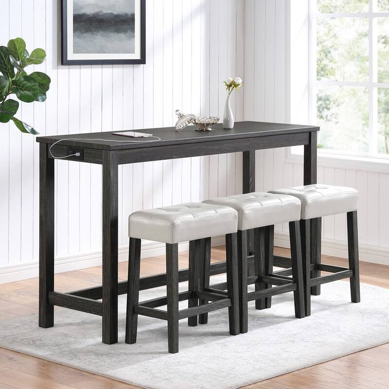 Bar Table Set with 3 Stools and Power Outlet