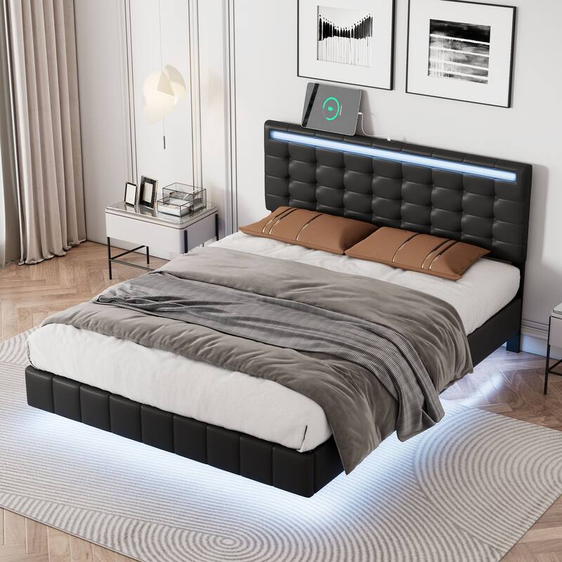 Full Size Floating Bed Frame with LED Lights and USB Charging,Modern