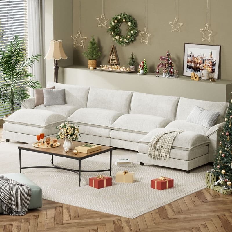 Furniwell 4 Seats U-Shaped Sectional Sofa with 2 Movable Ottomans Modern Fabric Convertible Modular Couch for Living Room